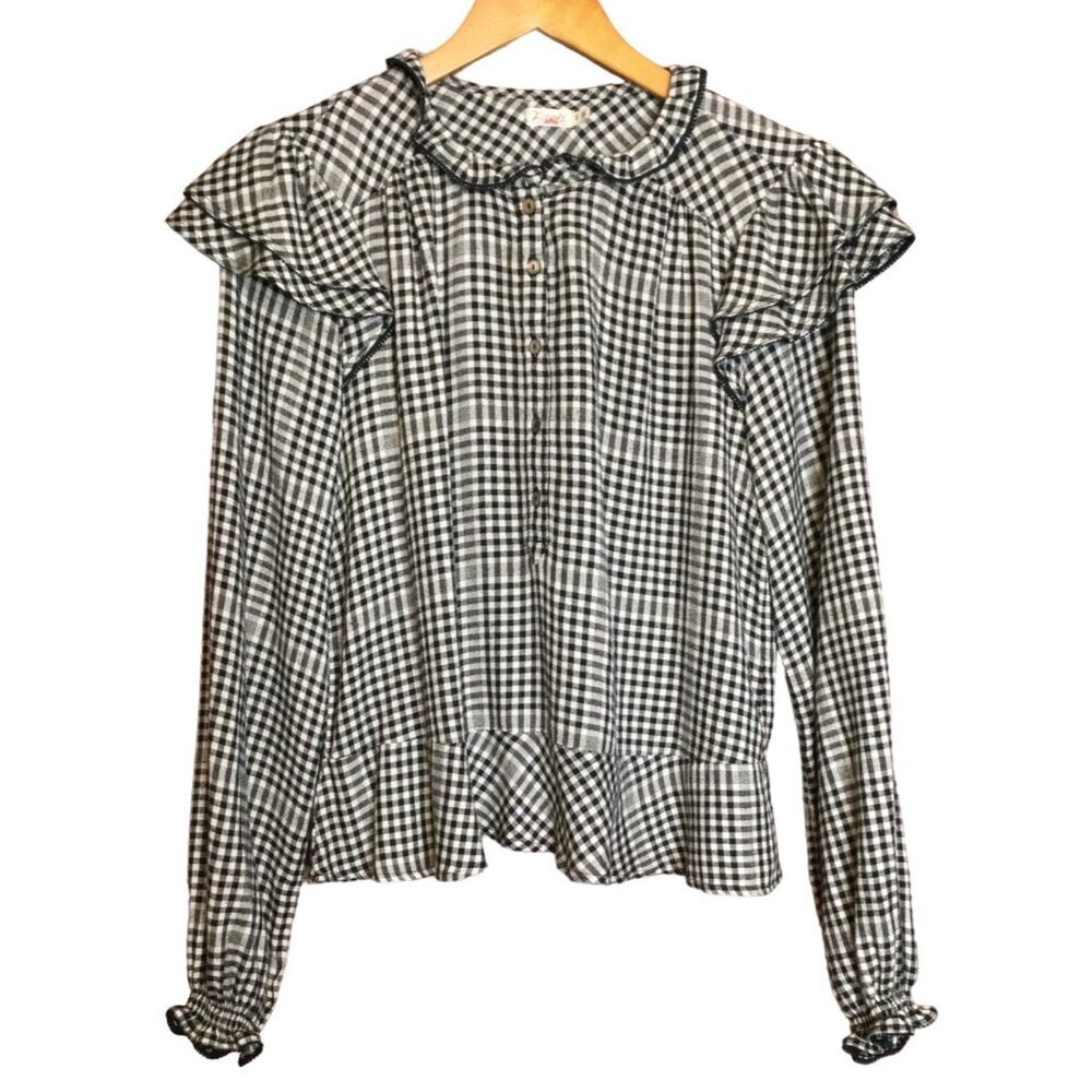 Faherty Womens Black & White Gingham Long Sleeve Button-Up Blouse Size S Ruffle